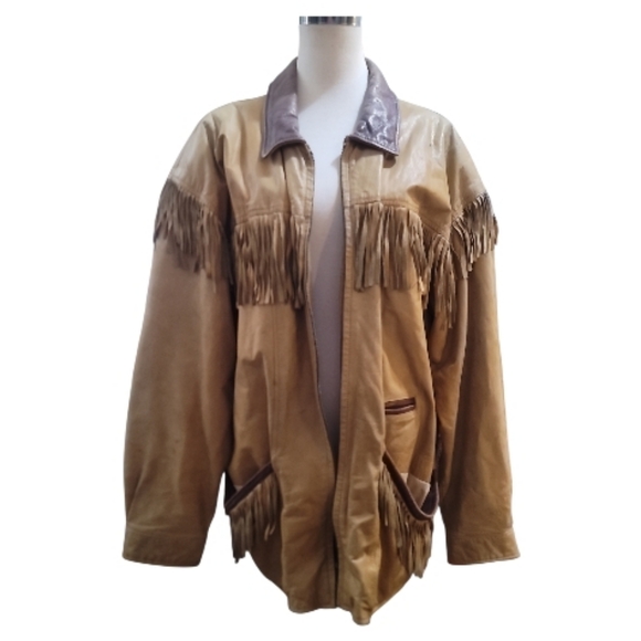 Vintage m.julian adventures leather fringe barn jacket coat western xl santa fe